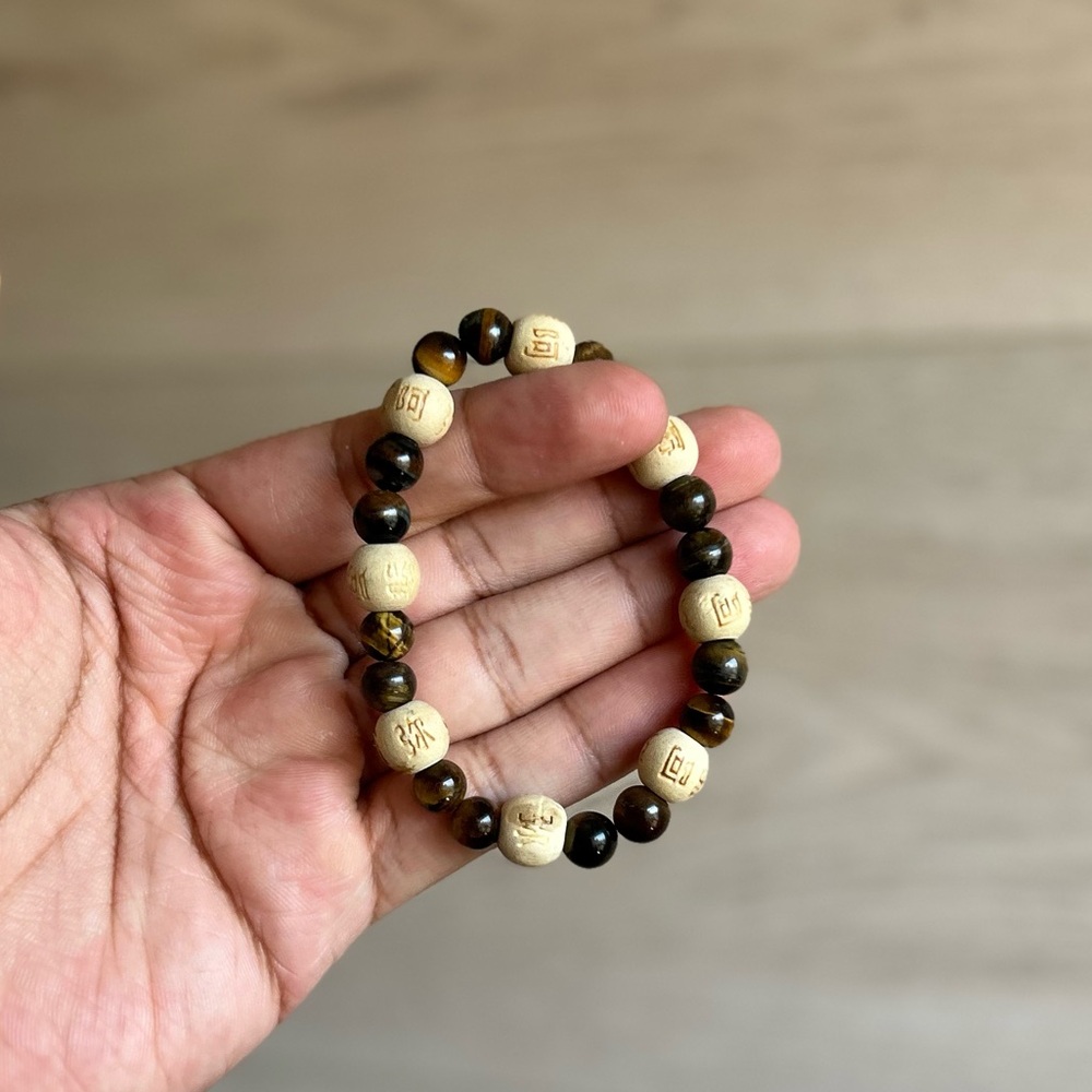 Zorbitz Lucky Karma Bracelet With Brown Tigers Eye and carved wooden beads, 7”
